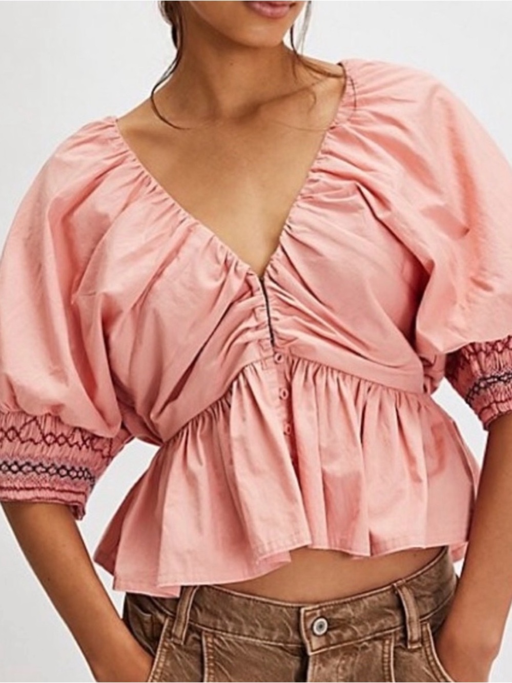 Free people Women's Pink Puff-Sleeve Peplum Blouse size M